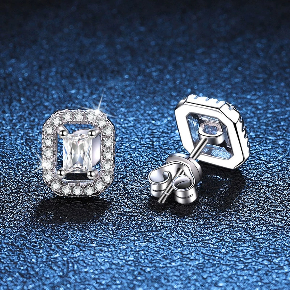 Emerald Halo Moissanite Stud Earrings with CZ in White Gold-Plated S925 blue scene close-up view