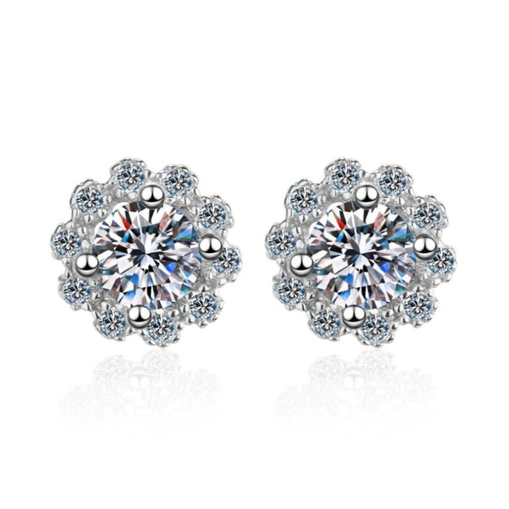 Snowflake Cluster Moissanite Stud Earrings with CZ in White Gold-Plated S925 on clean white background showing snowflake cluster studs with layered round stones