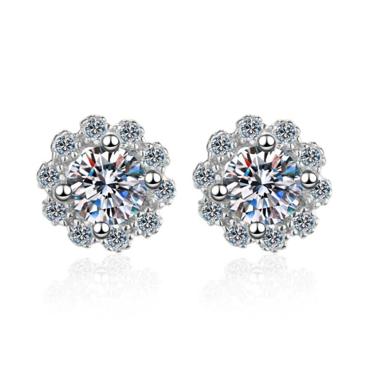Snowflake Cluster Moissanite Stud Earrings with CZ in White Gold-Plated S925 on clean white background showing snowflake cluster studs with layered round stones