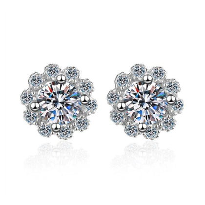 Snowflake Cluster Moissanite Stud Earrings with CZ in White Gold-Plated S925 on clean white background showing snowflake cluster studs with layered round stones