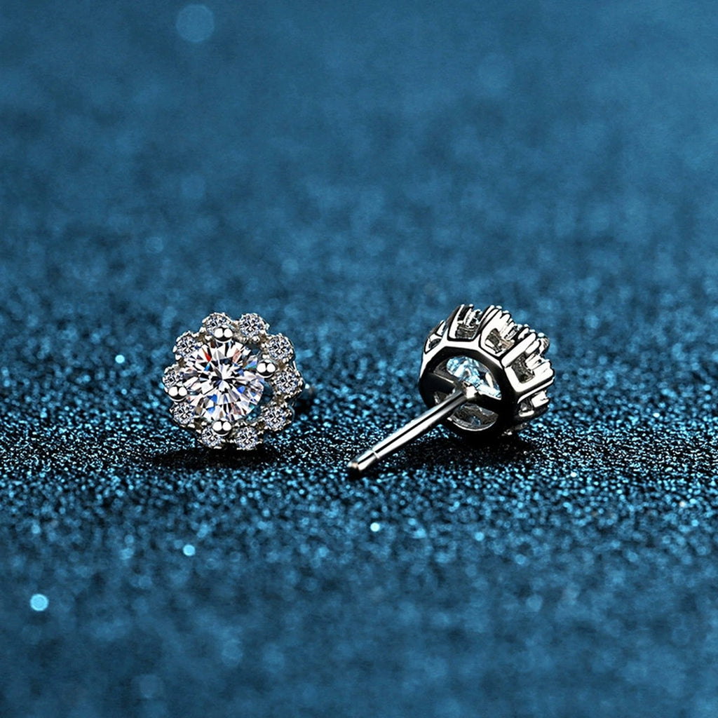 Snowflake Cluster Moissanite Stud Earrings with CZ in White Gold-Plated S925 blue scene product view