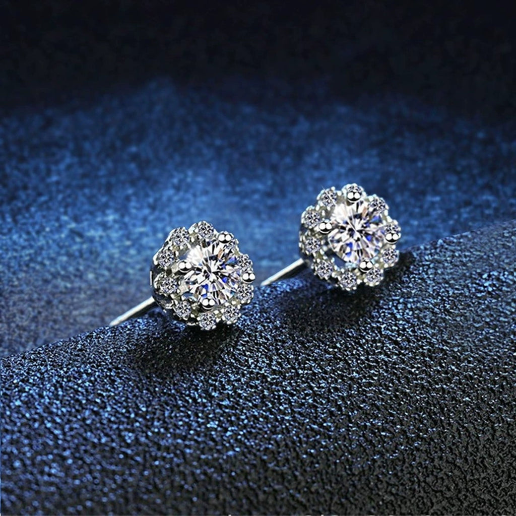 Snowflake Cluster Moissanite Stud Earrings with CZ in White Gold-Plated S925 blue scene angled view