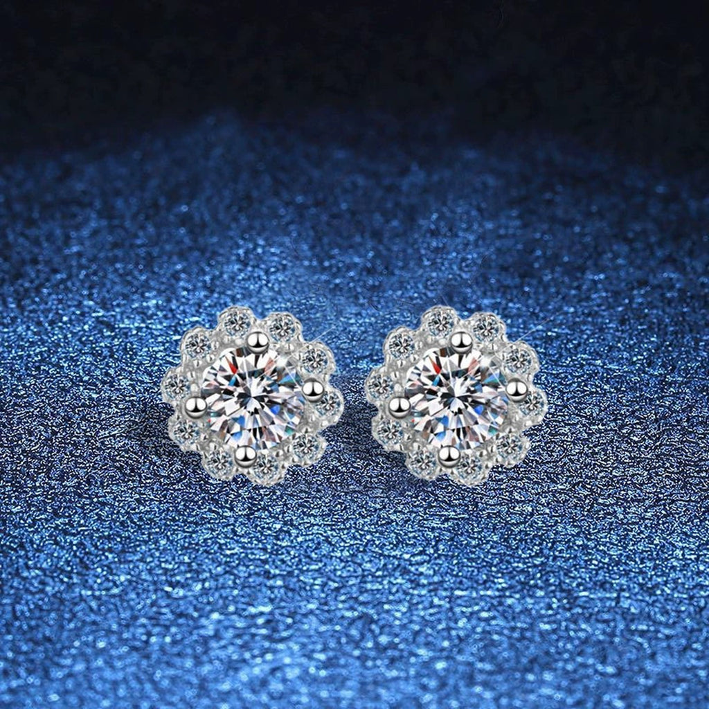 Snowflake Cluster Moissanite Stud Earrings with CZ in White Gold-Plated S925 blue scene close-up view