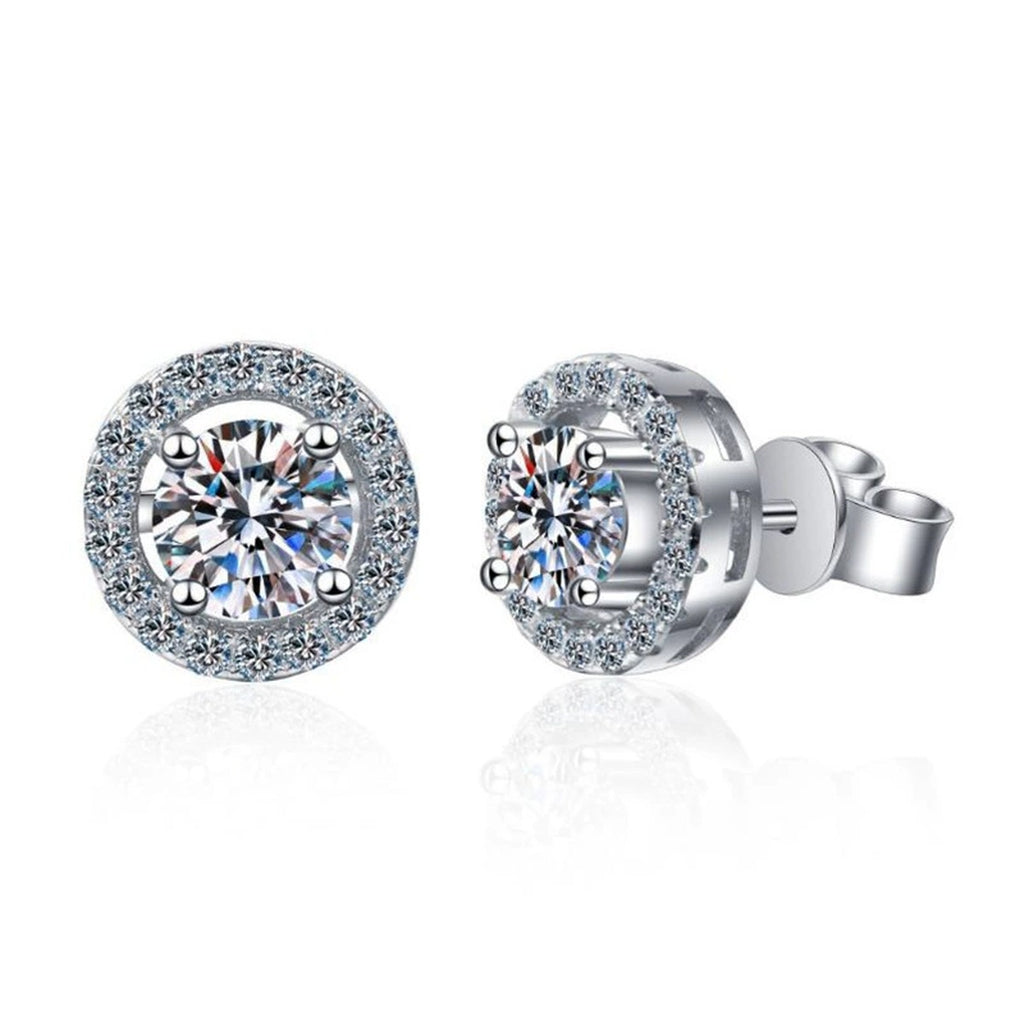 Round Halo Moissanite Stud Earrings with CZ in White Gold-Plated S925 on clean white background showing classic round halo studs with a bright framed center