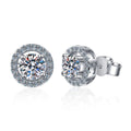 Round Halo Moissanite Stud Earrings with CZ in White Gold-Plated S925 on clean white background showing classic round halo studs with a bright framed center