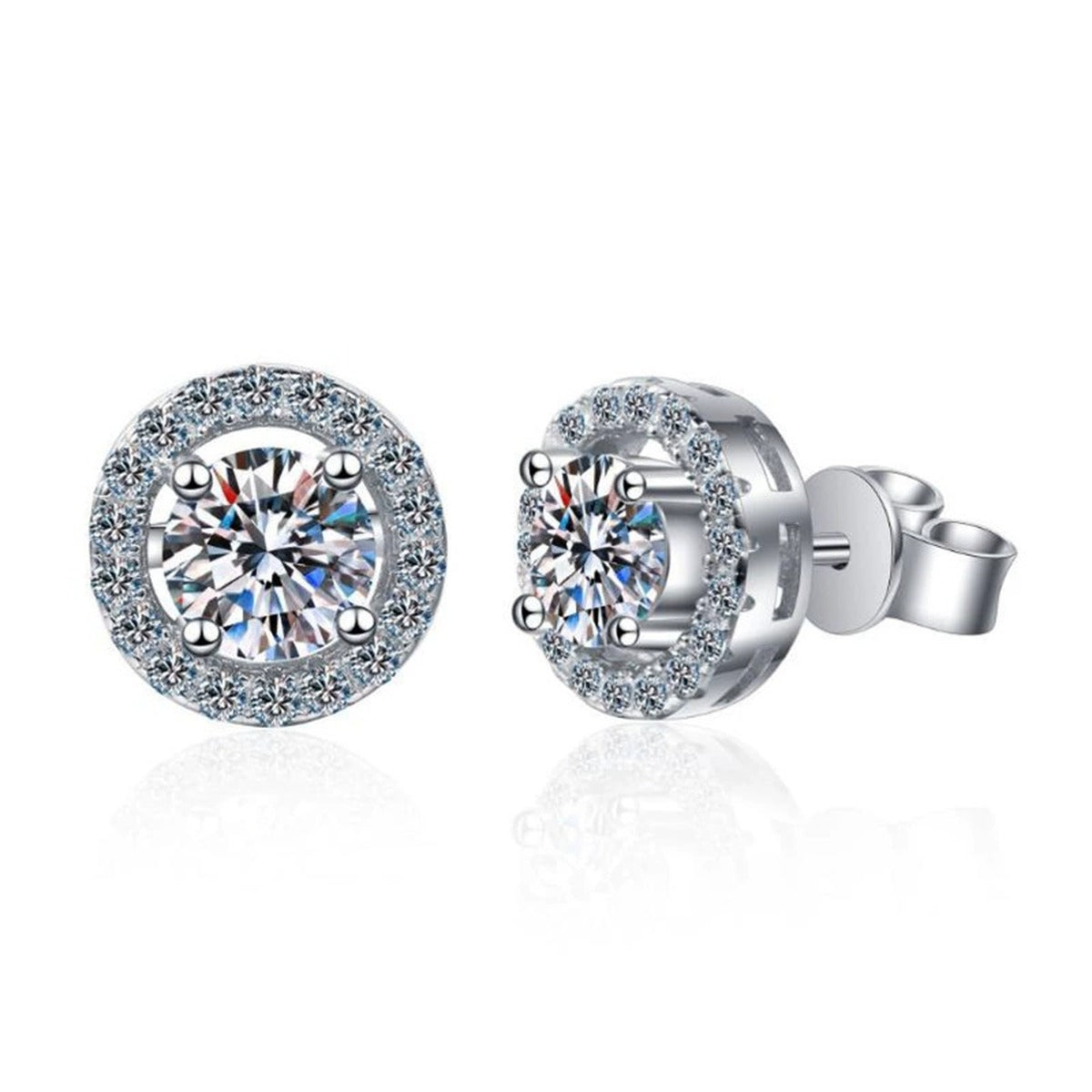 Round Halo Moissanite Stud Earrings with CZ in White Gold-Plated S925 on clean white background showing classic round halo studs with a bright framed center