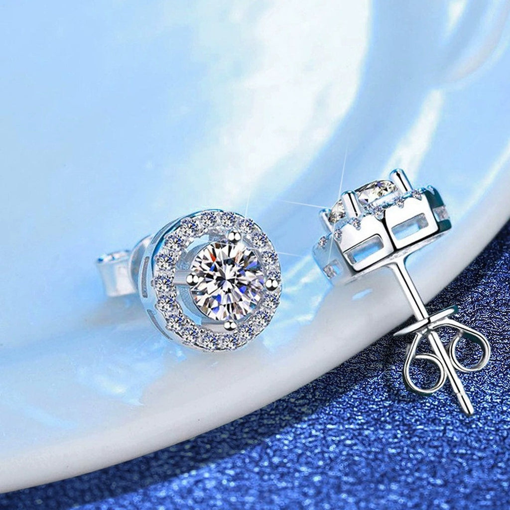 Round Halo Moissanite Stud Earrings with CZ in White Gold-Plated S925 blue scene product view