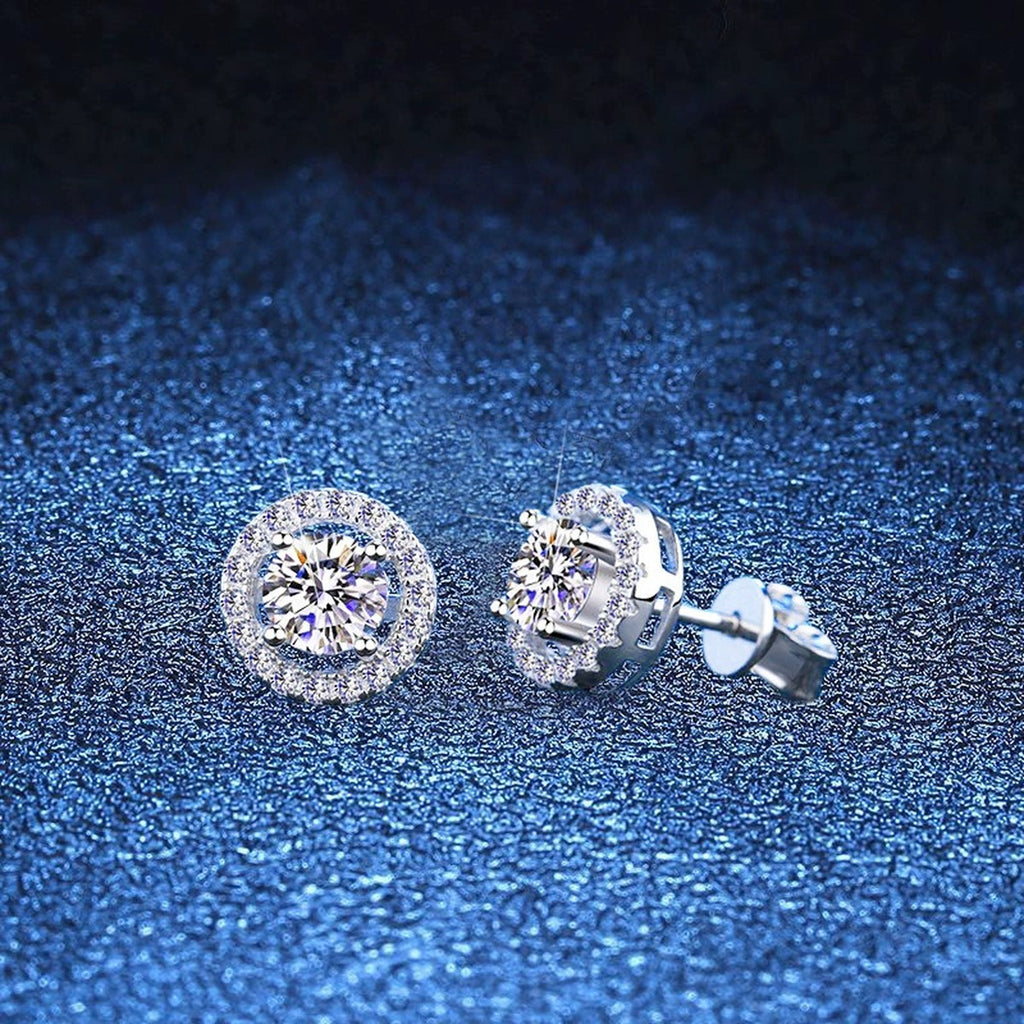 Round Halo Moissanite Stud Earrings with CZ in White Gold-Plated S925 blue scene angled view