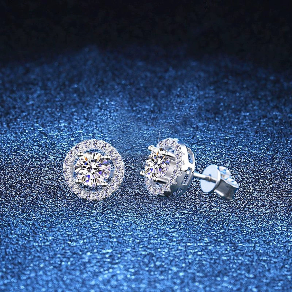 Round Halo Moissanite Stud Earrings with CZ in White Gold-Plated S925 blue scene angled view
