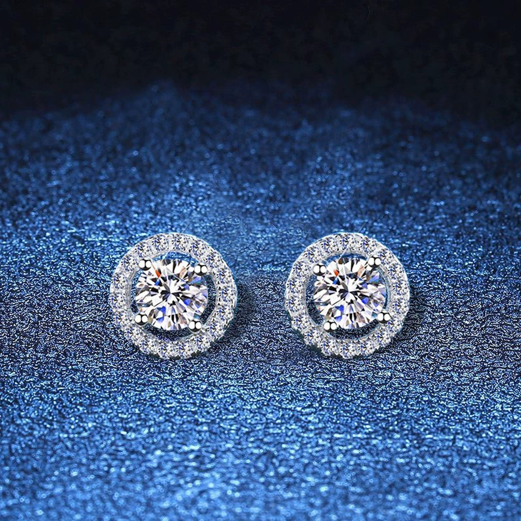Round Halo Moissanite Stud Earrings with CZ in White Gold-Plated S925 blue scene close-up view