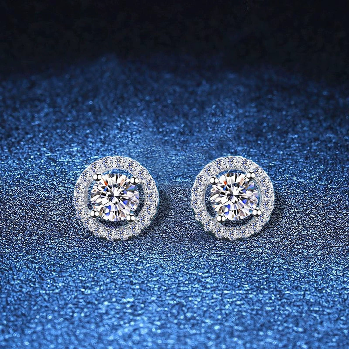 Round Halo Moissanite Stud Earrings with CZ in White Gold-Plated S925 blue scene close-up view
