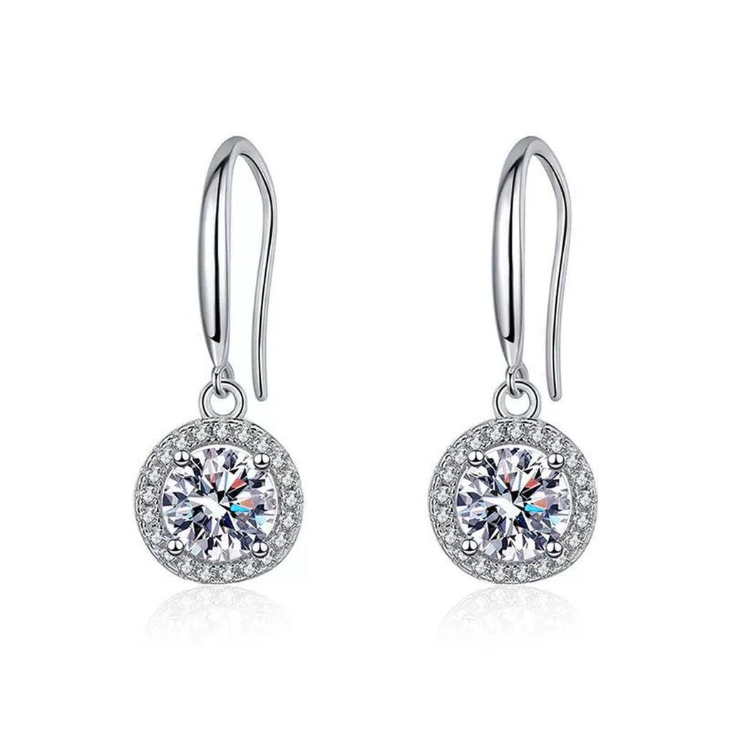 Floral Moissanite Drop Earrings with CZ in White Gold-Plated S925 on clean white background showing flower-like moissanite drops suspended below slim ear wires