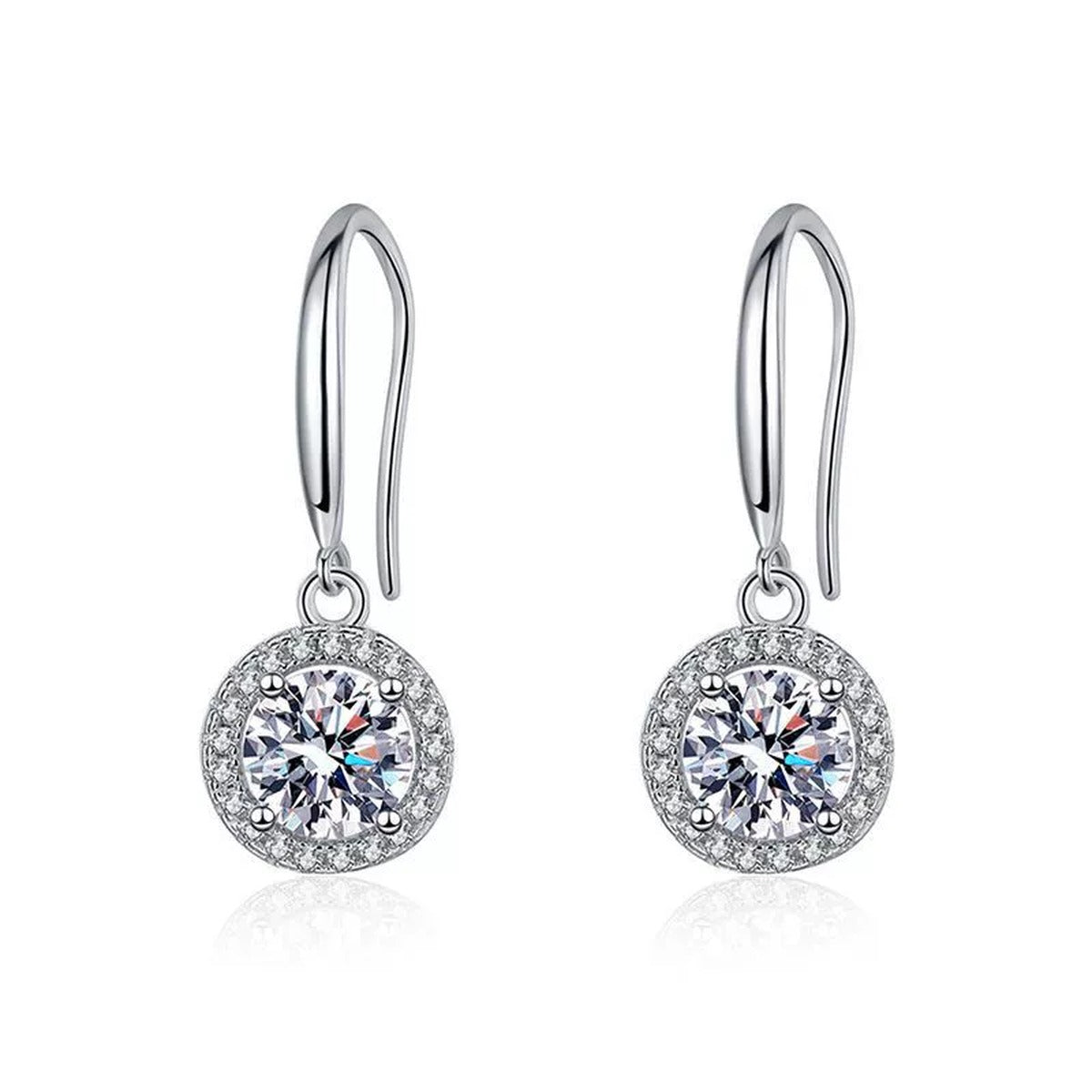 Floral Moissanite Drop Earrings with CZ in White Gold-Plated S925 on clean white background showing flower-like moissanite drops suspended below slim ear wires
