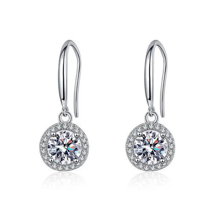 Floral Moissanite Drop Earrings with CZ in White Gold-Plated S925 on clean white background showing flower-like moissanite drops suspended below slim ear wires