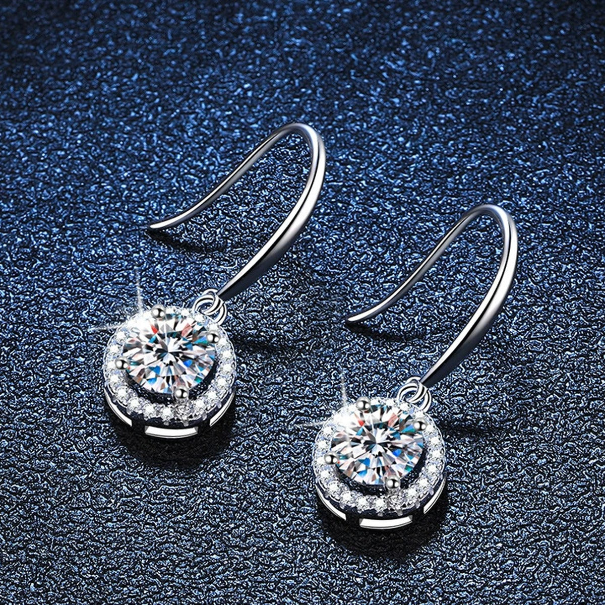 Floral Moissanite Drop Earrings with CZ in White Gold-Plated S925 blue scene angled view