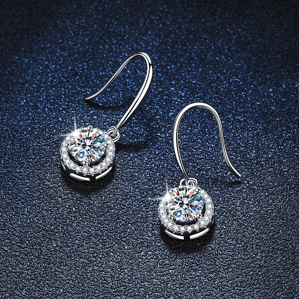 Floral Moissanite Drop Earrings with CZ in White Gold-Plated S925 close-up product detail view