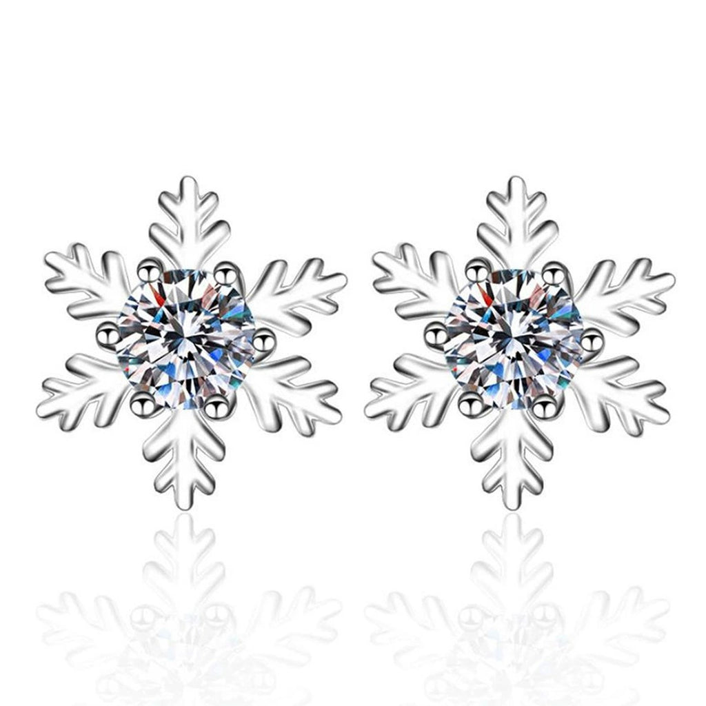 Snowflake Moissanite Stud Earrings in White Gold-Plated S925 Silver on clean white background showing snowflake-inspired stud earrings with a layered round outline
