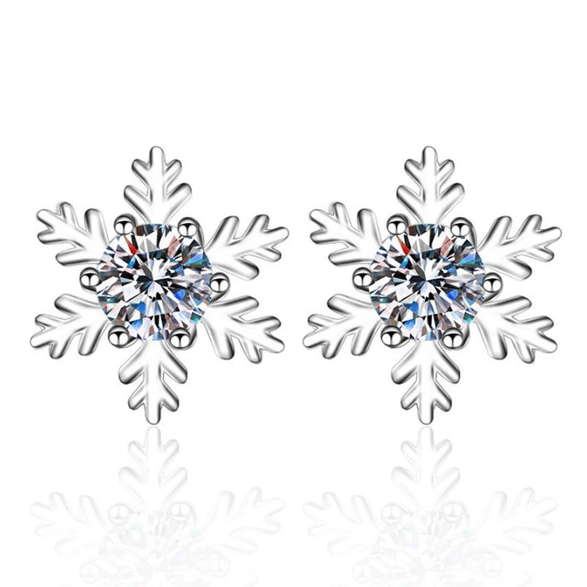 Snowflake Moissanite Stud Earrings in White Gold-Plated S925 Silver on clean white background showing snowflake-inspired stud earrings with a layered round outline