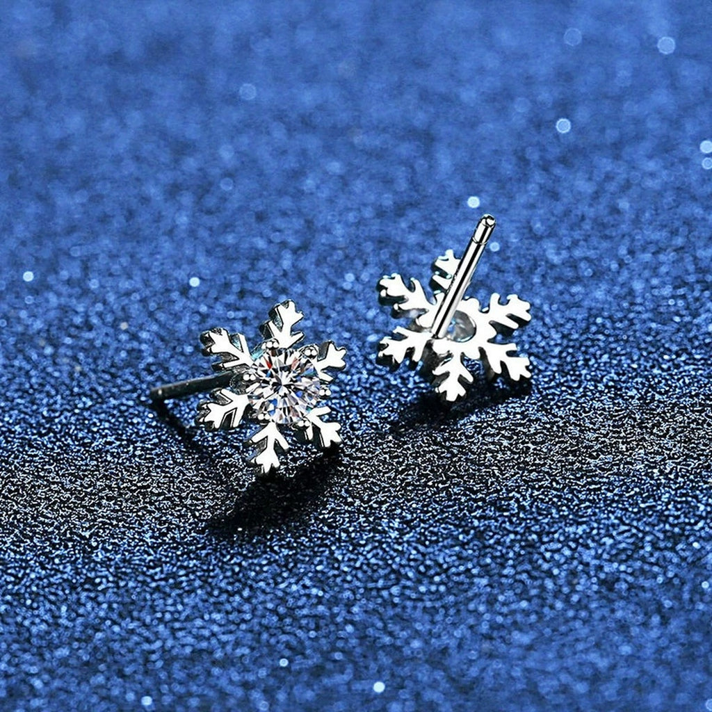 Snowflake Moissanite Stud Earrings in White Gold-Plated S925 Silver blue scene product view
