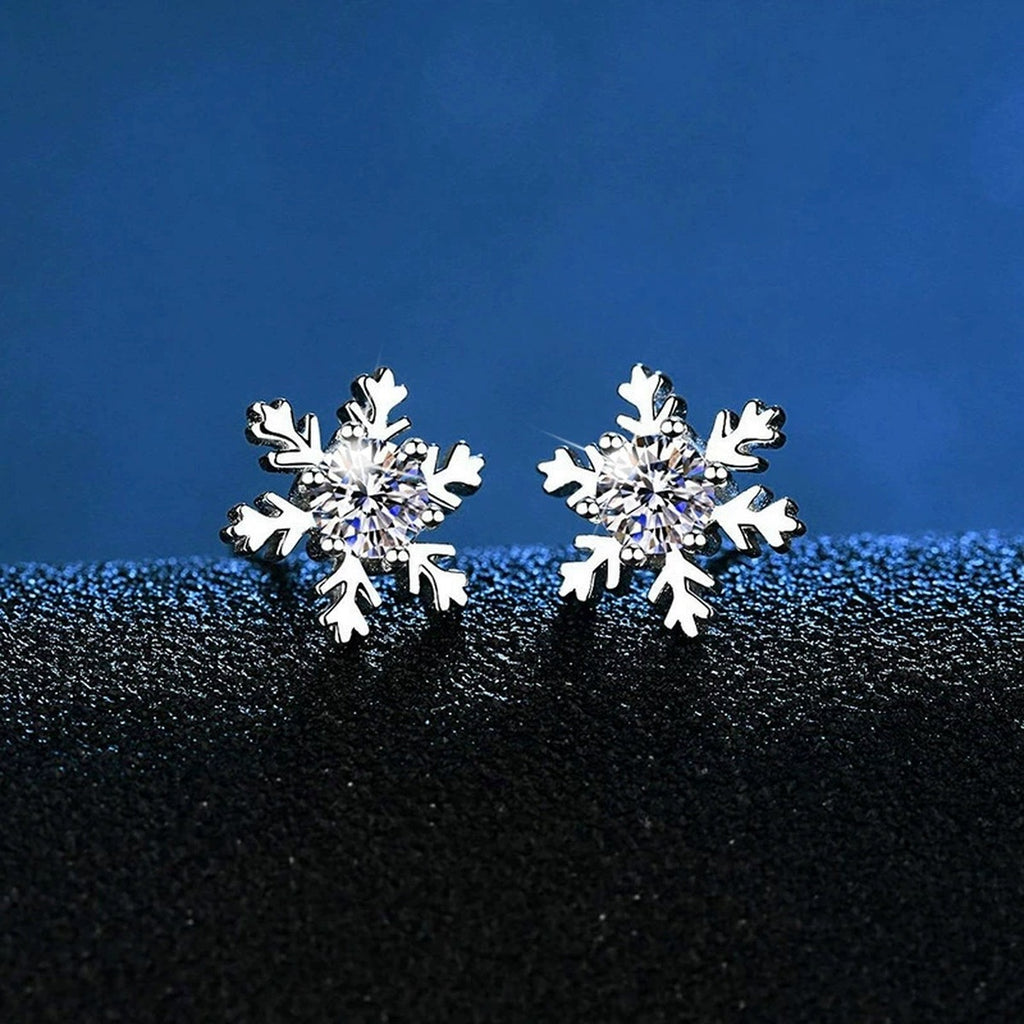 Snowflake Moissanite Stud Earrings in White Gold-Plated S925 Silver blue scene angled view