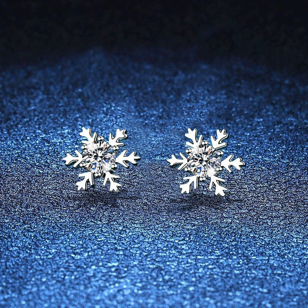 Snowflake Moissanite Stud Earrings in White Gold-Plated S925 Silver blue scene close-up view