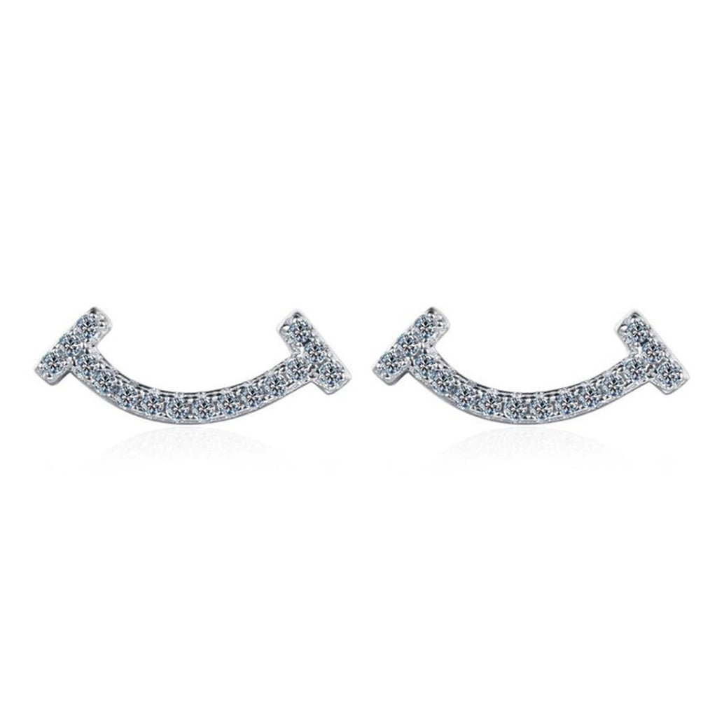 Curved Moissanite Ear Climber Stud Earrings in White Gold-Plated S925 on clean white background showing curved ear climber studs with petite moissanite accents