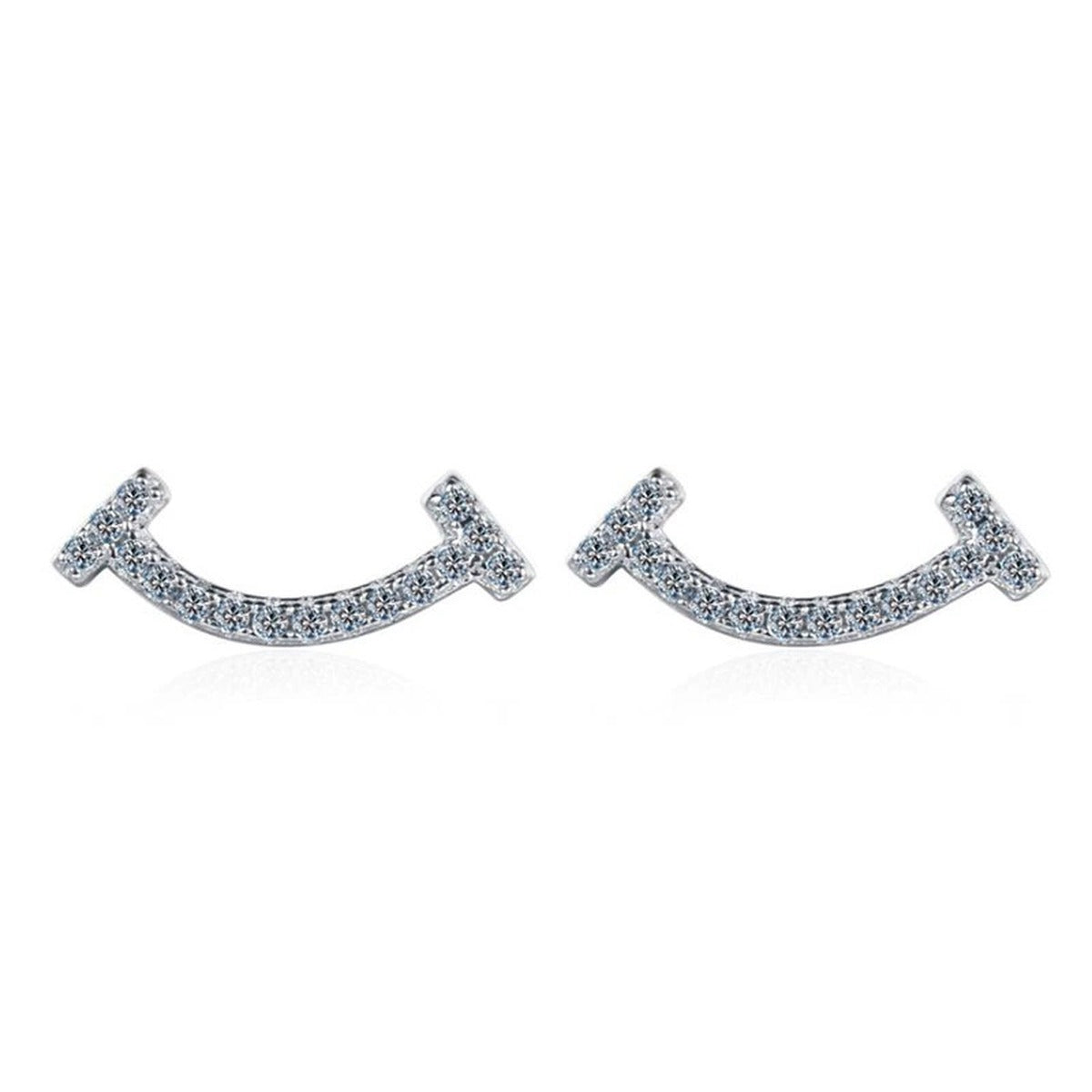 Curved Moissanite Ear Climber Stud Earrings in White Gold-Plated S925 on clean white background showing curved ear climber studs with petite moissanite accents