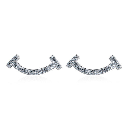 Curved Moissanite Ear Climber Stud Earrings in White Gold-Plated S925 on clean white background showing curved ear climber studs with petite moissanite accents