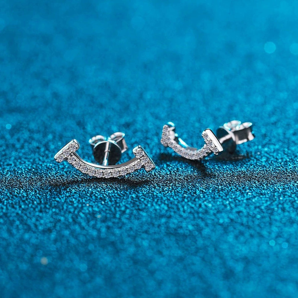 Curved Moissanite Ear Climber Stud Earrings in White Gold-Plated S925 blue scene product view