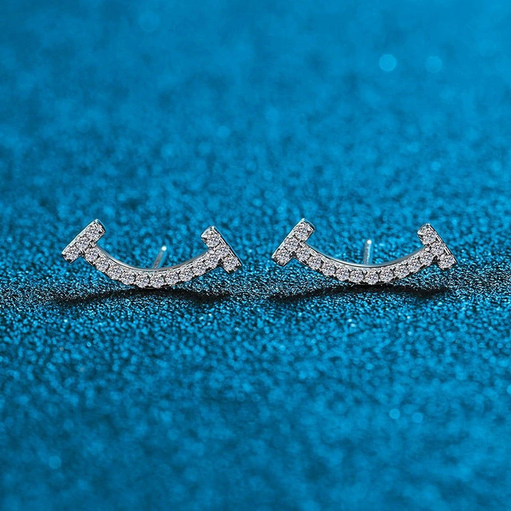Curved Moissanite Ear Climber Stud Earrings in White Gold-Plated S925 blue scene angled view