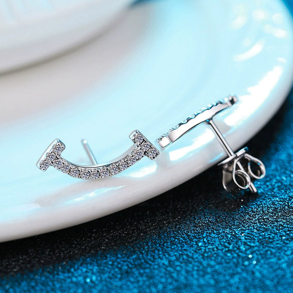 Curved Moissanite Ear Climber Stud Earrings in White Gold-Plated S925 blue scene close-up view