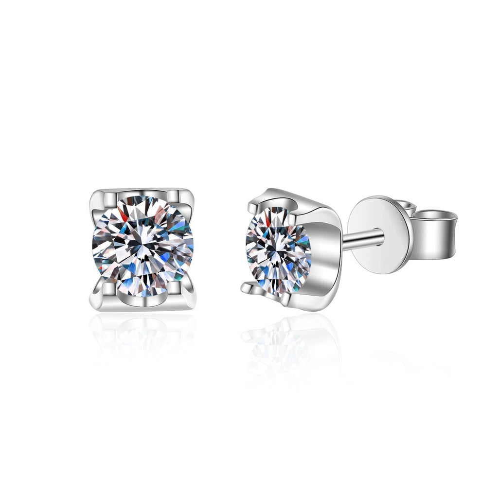 Princess Cut Moissanite Stud Earrings in White Gold-Plated S925 Silver on clean white background showing square princess-cut stud earrings in a polished setting