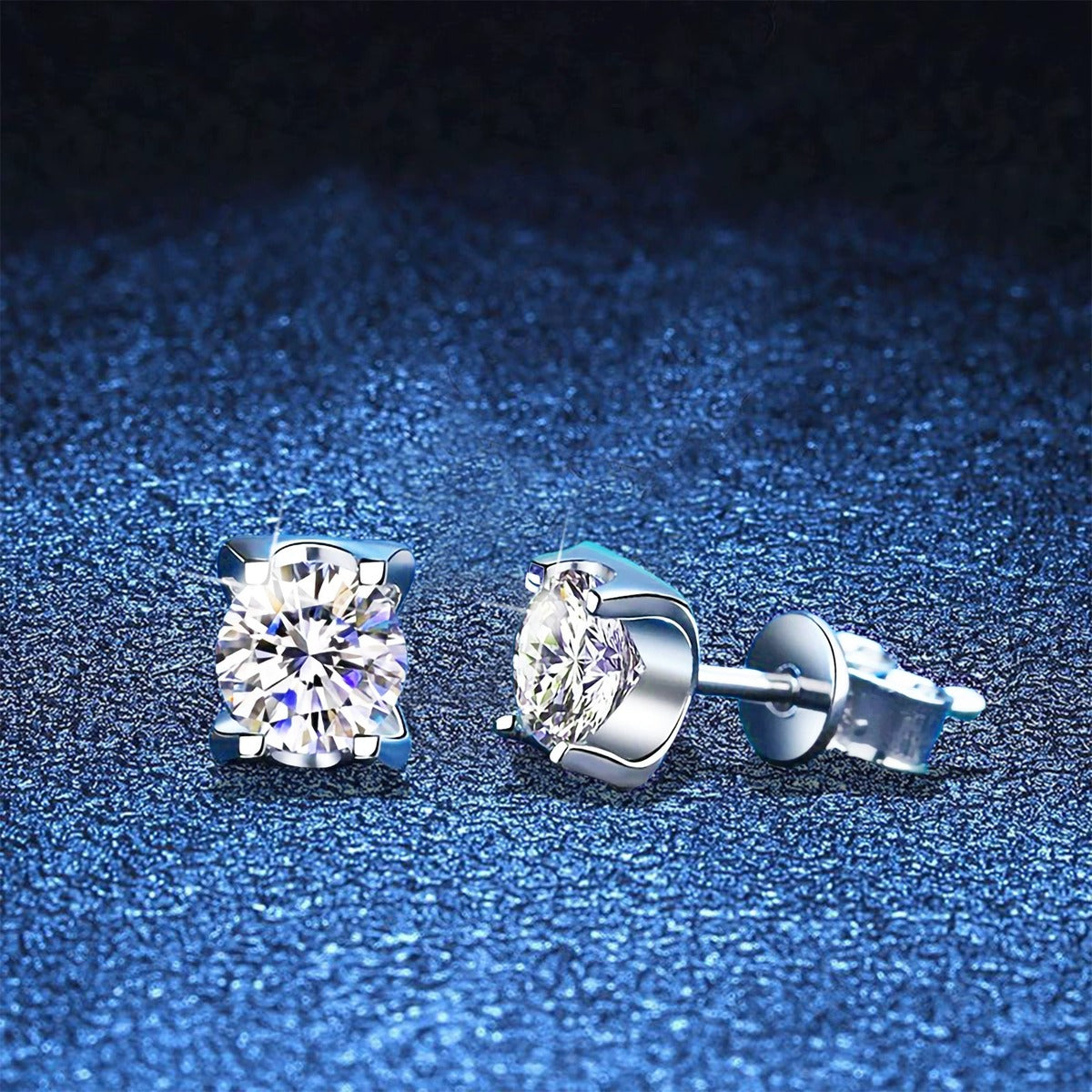 Princess Cut Moissanite Stud Earrings in White Gold-Plated S925 Silver blue scene product view
