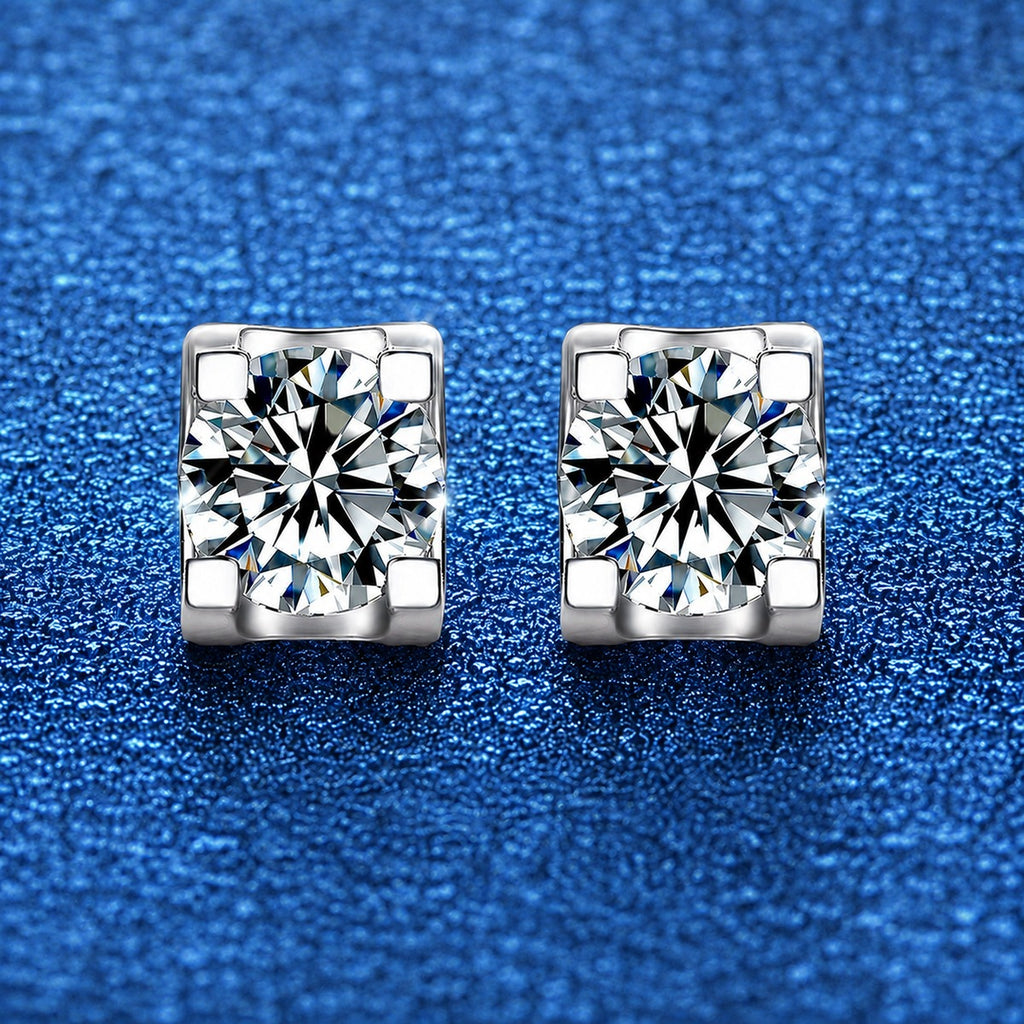 Princess Cut Moissanite Stud Earrings in White Gold-Plated S925 Silver blue scene angled view