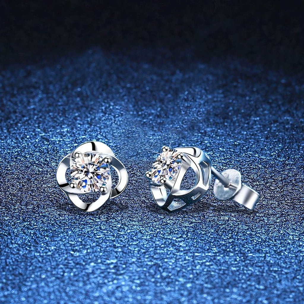 Round Bezel Moissanite Stud Earrings in White Gold-Plated S925 Silver blue scene product view