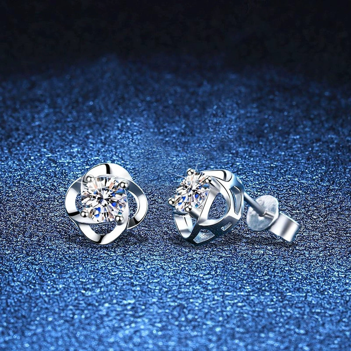 Round Bezel Moissanite Stud Earrings in White Gold-Plated S925 Silver blue scene product view