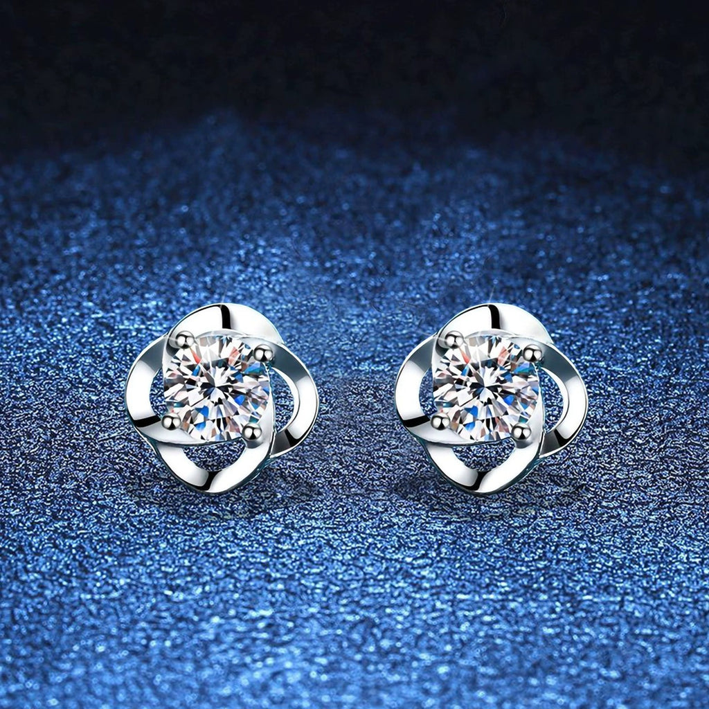 Round Bezel Moissanite Stud Earrings in White Gold-Plated S925 Silver blue scene close-up view