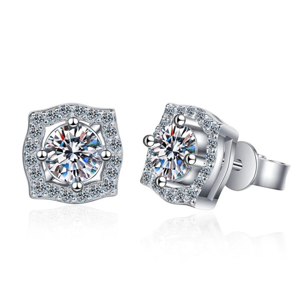 Cushion Halo Moissanite Stud Earrings in White Gold-Plated S925 Silver on clean white background showing cushion-style halo studs with a rounded square sparkle
