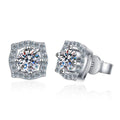 Cushion Halo Moissanite Stud Earrings in White Gold-Plated S925 Silver on clean white background showing cushion-style halo studs with a rounded square sparkle