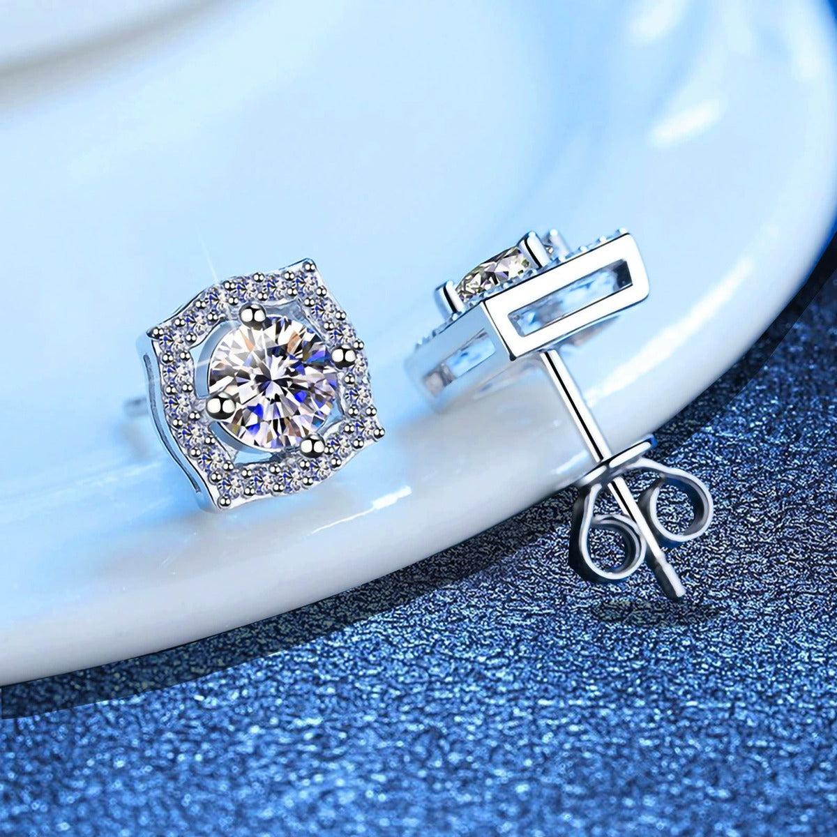 Cushion Halo Moissanite Stud Earrings in White Gold-Plated S925 Silver blue scene product view