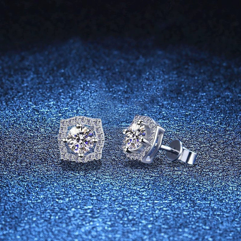 Cushion Halo Moissanite Stud Earrings in White Gold-Plated S925 Silver blue scene angled view