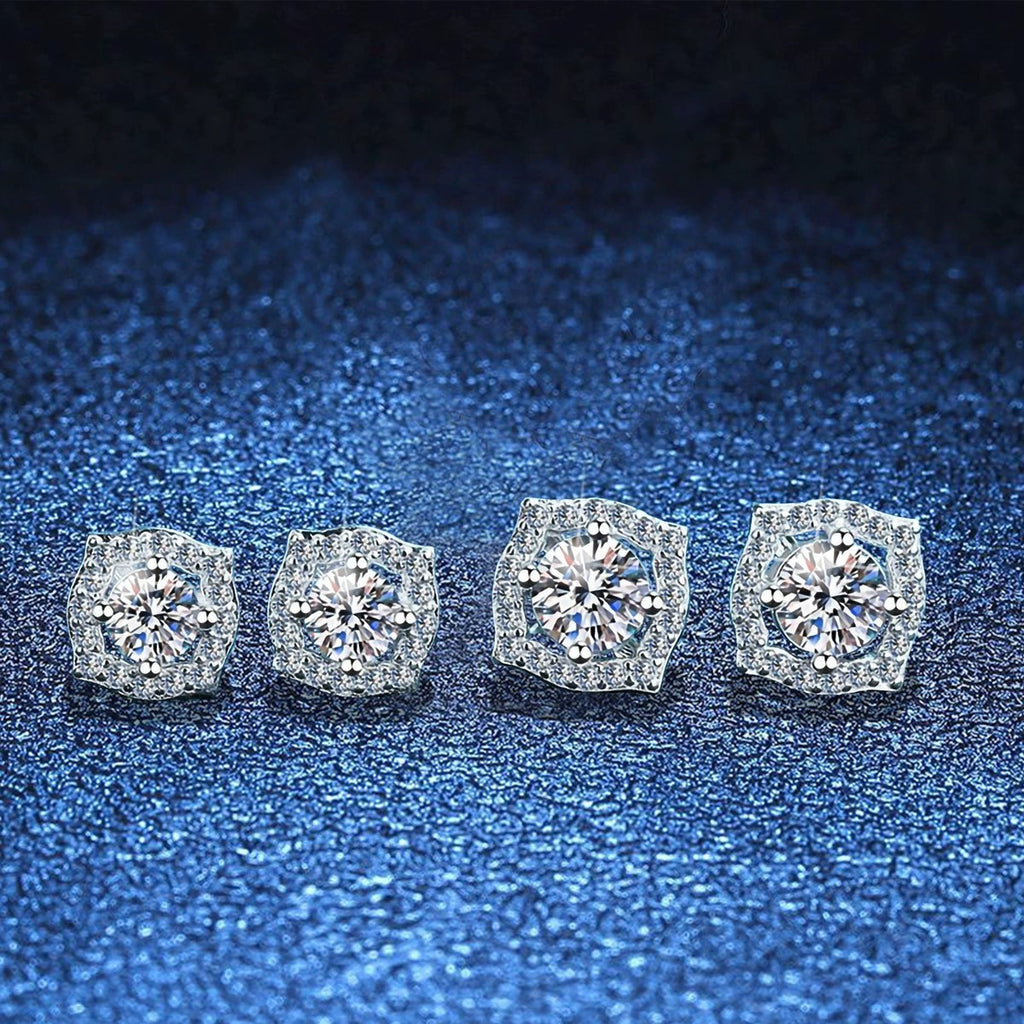 Cushion Halo Moissanite Stud Earrings in White Gold-Plated S925 Silver blue scene close-up view