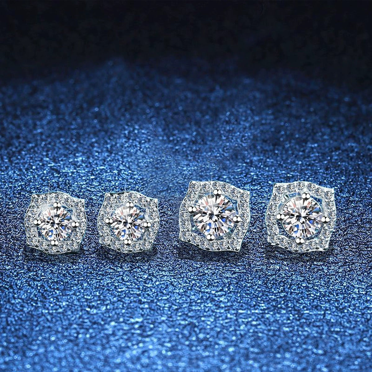 Cushion Halo Moissanite Stud Earrings in White Gold-Plated S925 Silver blue scene close-up view