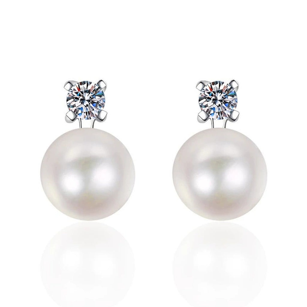Pearl Moissanite Stud Earrings in White Gold-Plated S925 Sterling Silver on clean white background showing a round pearl stud accented with small moissanite stones