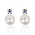Pearl Moissanite Stud Earrings in White Gold-Plated S925 Sterling Silver on clean white background showing a round pearl stud accented with small moissanite stones