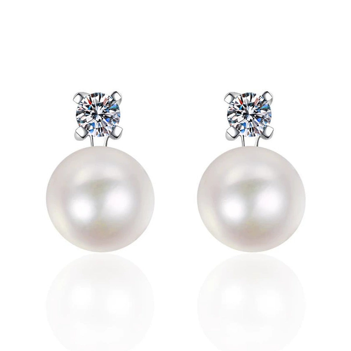 Pearl Moissanite Stud Earrings in White Gold-Plated S925 Sterling Silver on clean white background showing a round pearl stud accented with small moissanite stones