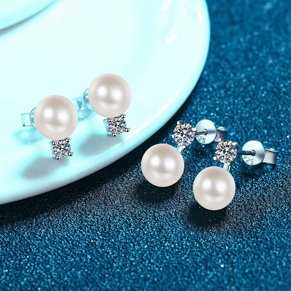 Pearl Moissanite Stud Earrings in White Gold-Plated S925 Sterling Silver blue scene product view