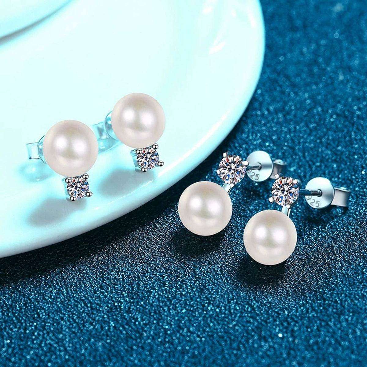 Pearl Moissanite Stud Earrings in White Gold-Plated S925 Sterling Silver blue scene product view