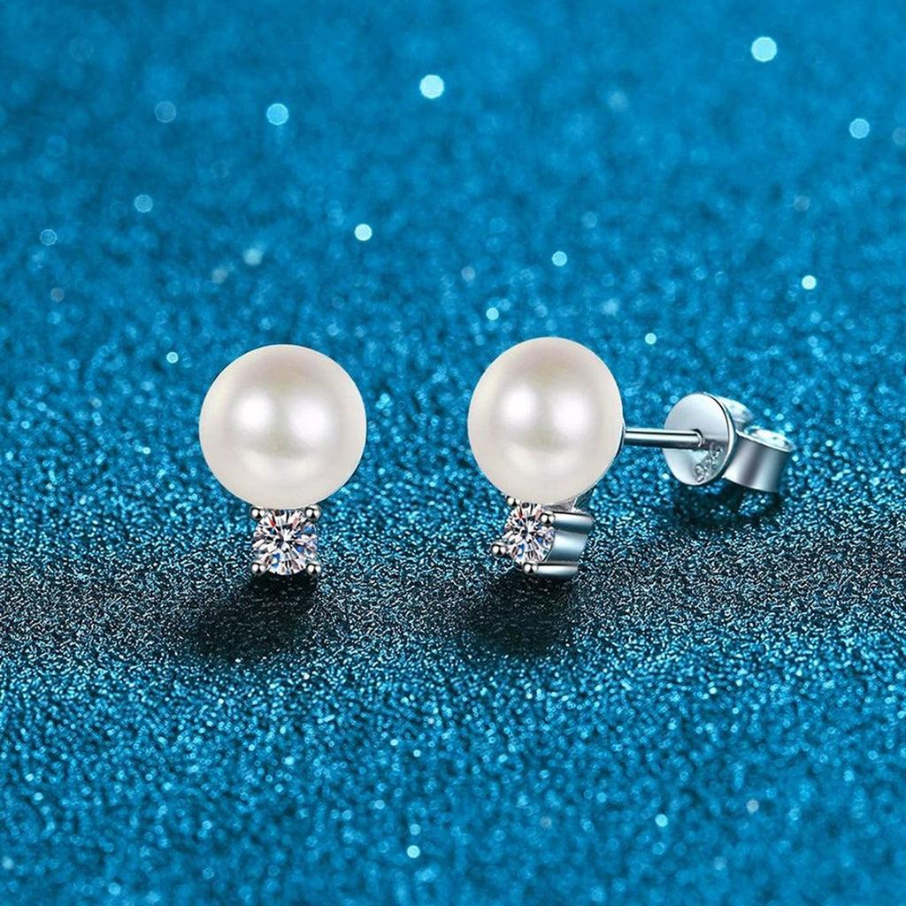 Pearl Moissanite Stud Earrings in White Gold-Plated S925 Sterling Silver blue scene close-up view
