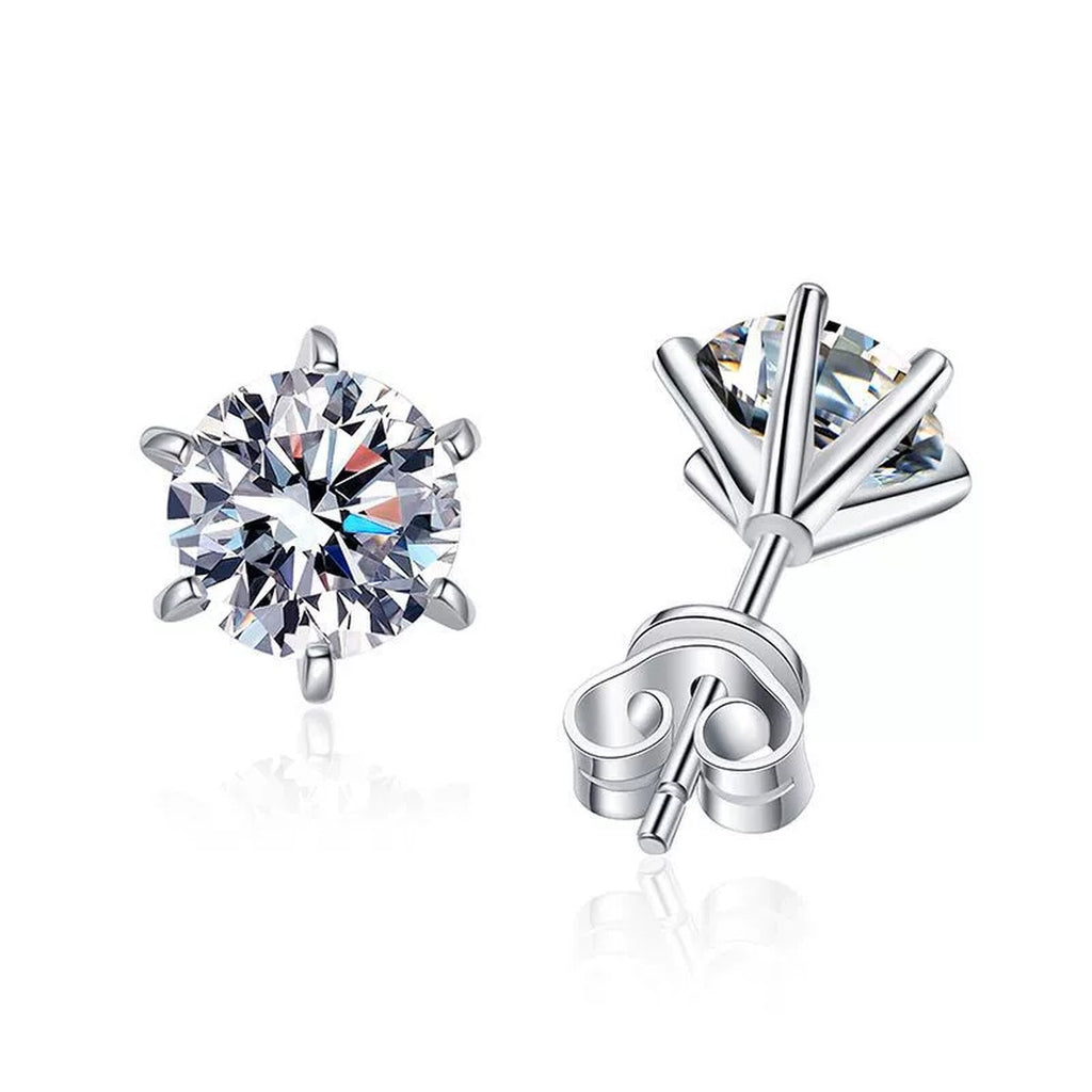 Floral Cluster Moissanite Stud Earrings in White Gold-Plated S925 Silver on clean white background showing round floral cluster studs with petal-like moissanite sparkle